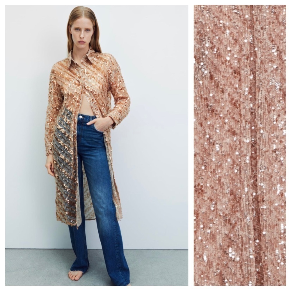 NWT. Zara Semi-sheer Sequin Shirt Dress. Size S.
